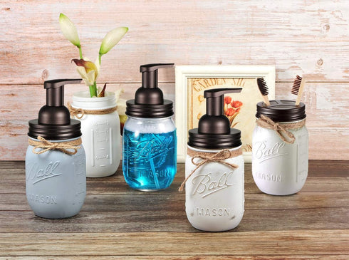 Mason Jar Bathroom Accessories Set (4pcs) - Foaming Soap Dispenser, Toothbrush Holder, Apothecary Storage Jars