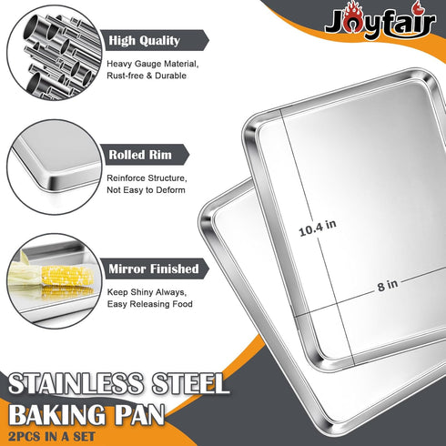 10.4inch Toaster Oven Baking Pan Set (2Pcs), Joyfair Stainless Steel Small Cookie Tray Pans for Roasting Grilling Meat, Non Toxic & Healthy, Extra Thick Steel & Rolled Rim, Rust-free & Dishwasher Safe