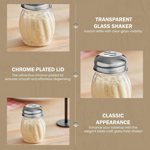 OCS Parts 3.5-Inch Glass Shaker with Chrome Plated Perforated Lid for Grated Cheese, Chili, and Red Pepper