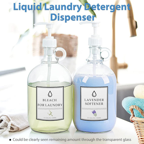 2 Pack 64 Oz Sovietiep Laundry Detergent Dispenser with Pump and Lid - Half Gallon Glass Pump Bottle for Laundry Soap