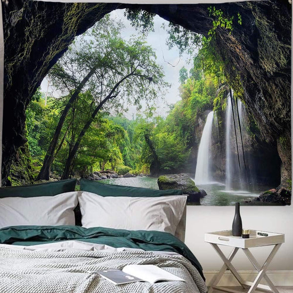 PROCIDA Mountain Cave Tapestry, Forest Wall Hanging Waterfall Nature Landscape for Bedroom Living Room, 60" W x 40" L