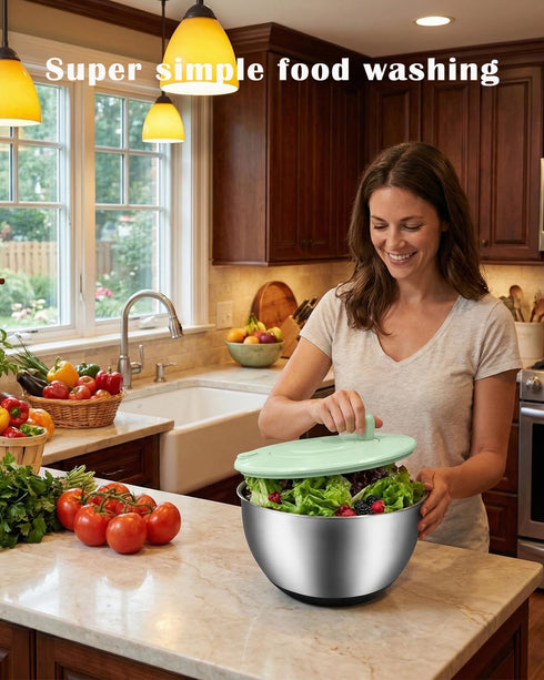 5.3QT 5 Salad Spinner Large,Stainless Steel Lettuce Spinner,Fruit Vegetables Wash Bowl with Blade Slicer,Egg Yolk