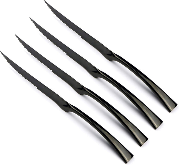 4-Pieces 18/10 Stainless Steel Serrated Sharp Steak Knife Set, Mirror Polishing Black by JANKNG