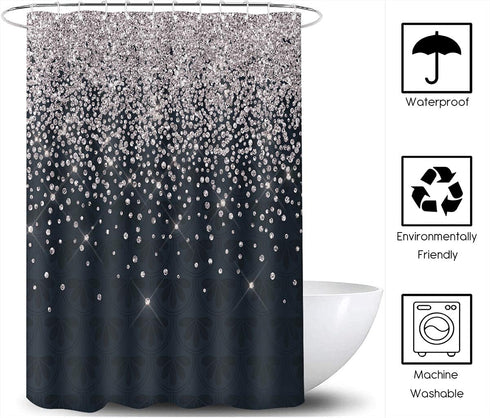 Silver Gray Bokeh Shower Curtain, Falling Snow Night Sky Stars 3D Printed Fabric Bathroom Curtain, 70 x 72 Inch
