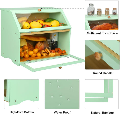 Counter, HOMEKOKO Double Layer Large Bread Box for Kitchen Wooden Large Capacity Bread Storage Bin (Mint Green)