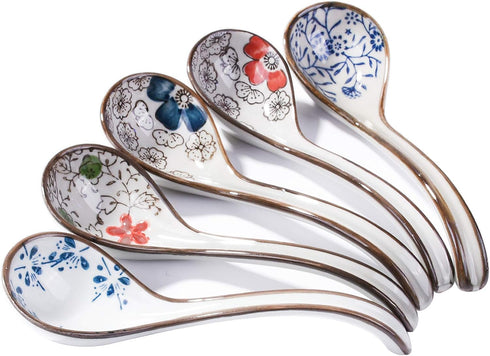 Large Hand-Painted Japanese and Korean Ceramic Soup Spoon Set of 5, Long Handle Rice Spoons
