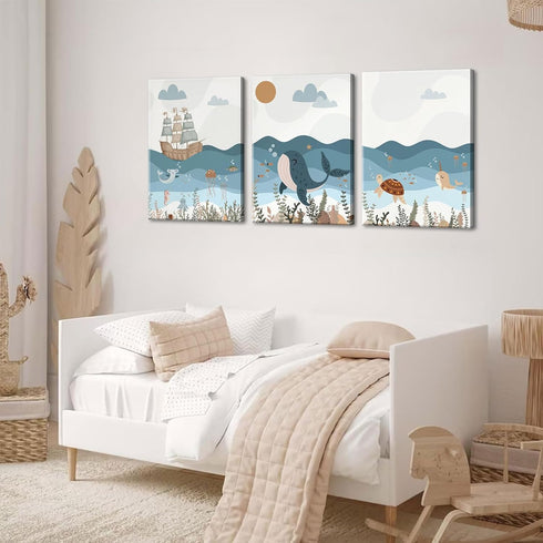 3Pcs 12x16 Inch SUAXTCCR Nautical Nursery Canvas Wall Art Blue Beach Animal Wall Decor Pictures Ocean Kids Room Sea