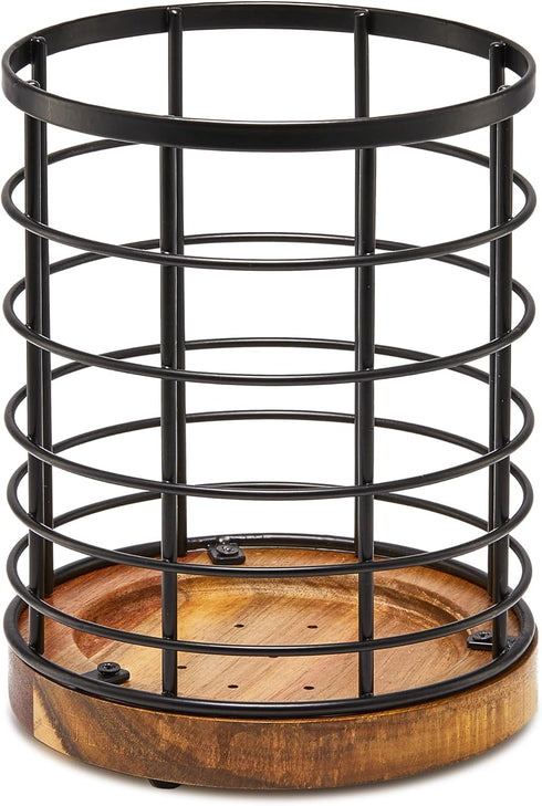 Utensil Holder for Kitchen Counter - Black Wire with Wooden Base, Large Wooden Cooking Utensil Organizer