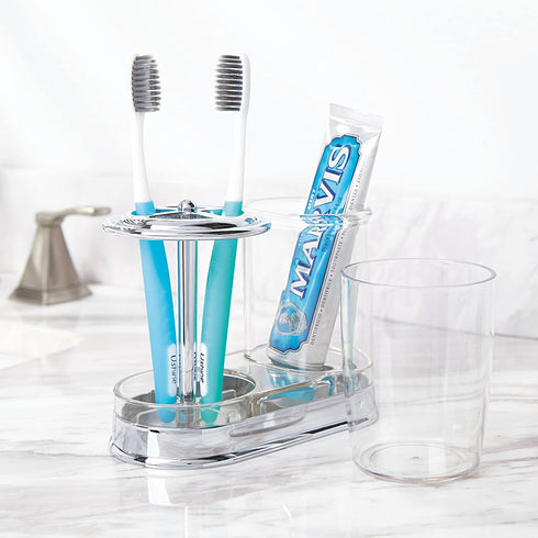 Countertop mDesign Plastic Toothpaste and Toothbrush Holder Center with Cup/Cover - Organizer for Bathroom Vanity