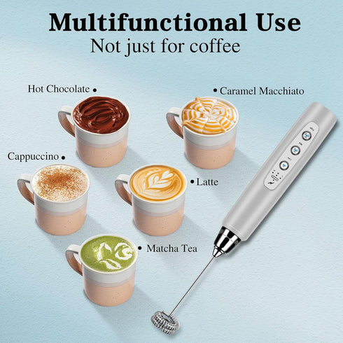 Milk Frother Handheld for Coffee, Electric Whisk 3 Speed Adjustable, Drink Mixer with 3 Stainless Whisks, Rechargeable