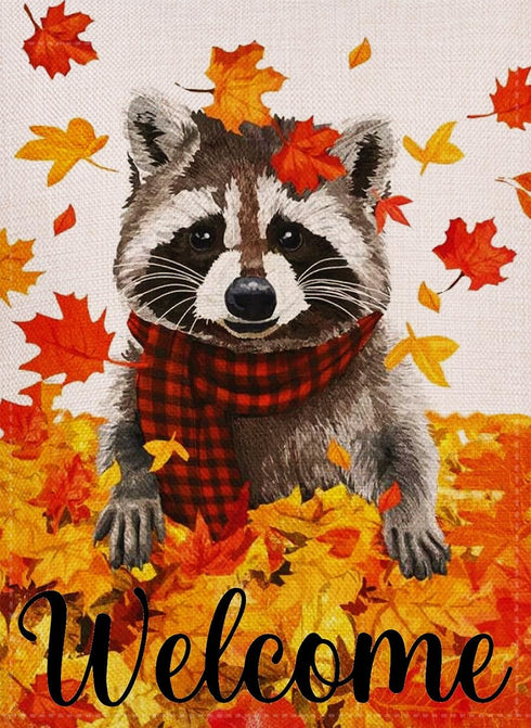 Welcome Fall Maple Leaves Garden Flag 12.5x18 Inch Double Sided, Seasonal Raccoon Autumn Rustic Yard Outdoor Decoration