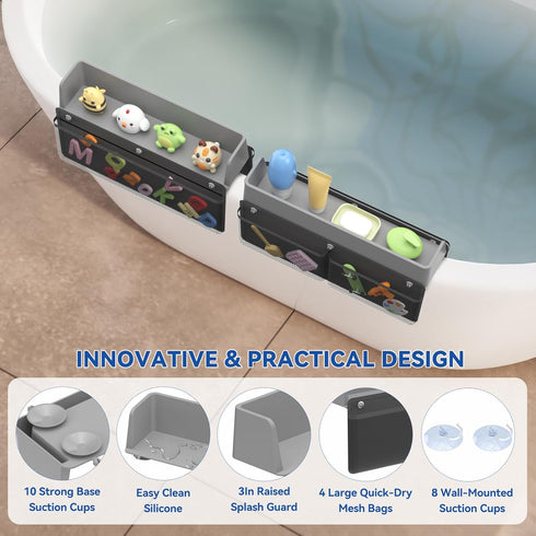 2-Pack 10 Silicone Bathtub Splash Guard with Suction Cups & Hanging Mesh Shower Caddy, Tub Topper Splash Guard for Kids