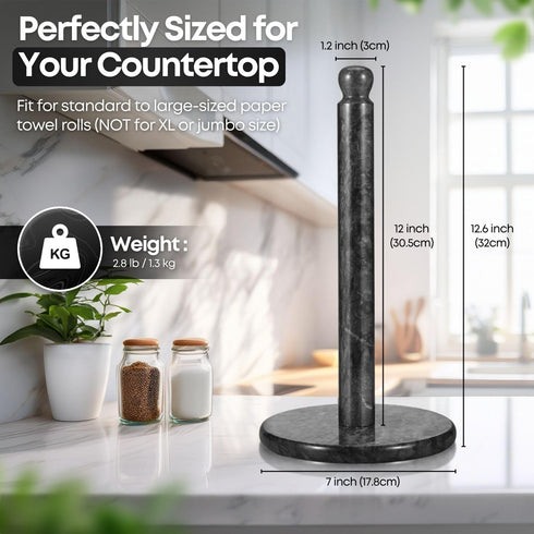 12 inch Countertop Flexzion Marble Paper Towel Holder (Black) - Kitchen Paper Towel Holder Stand Rack with Roll