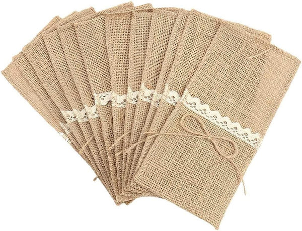 Alnicov Natural Burlap Lace Utensil Cutlery Holders Pouch, Jute Napkin Holders for Vintage Wedding Party Tableware