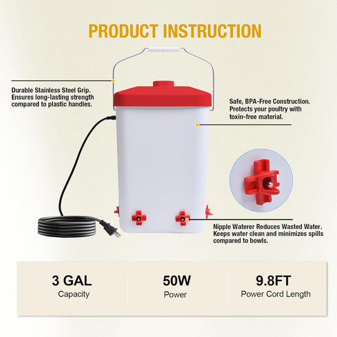 3 4 Tetuga Heated Chicken Waterer Gallon Poultry Water Heater with Nipples Freeze Proof Chick Waterer Heater for Winter