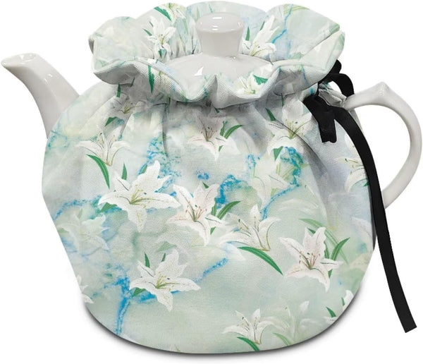 Vintage Cotton Tea Cozies Cover for Teapots, Insulation Breakfast Kettle Cover with Elastic Band, White Lily Print