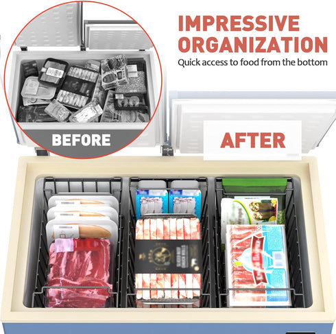 4 Pack 3.5-7 Goovilla Freezer Organizer Bins with Foldable Handle, Stackable Freezer Baskets for Cu.FT Deep Chest