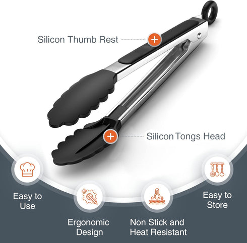 Tribal Cooking Kitchen Tongs with Silicone Tips - 9" and 12" Stainless Steel Tongs with Rubber Grips