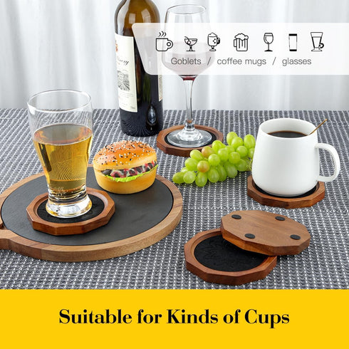 LiWiBet 4.3 Inch Set 6 Wood Coasters for Drinks Absorbent with Lip, Rustic Acacia Wood Black Felt Coaster with Holder