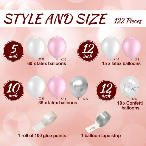 Aoriher Balloon Garland Arch Kit, 122 Pieces Colorful Pink Silver White Confetti Latex for Christmas Birthday Wedding