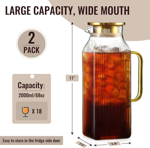 Snuvid 2 Pack 2 Liter/68 oz Square Glass Pitcher with Lid, Classic Stripes Water Pitchers with Handle for Fridge, Large