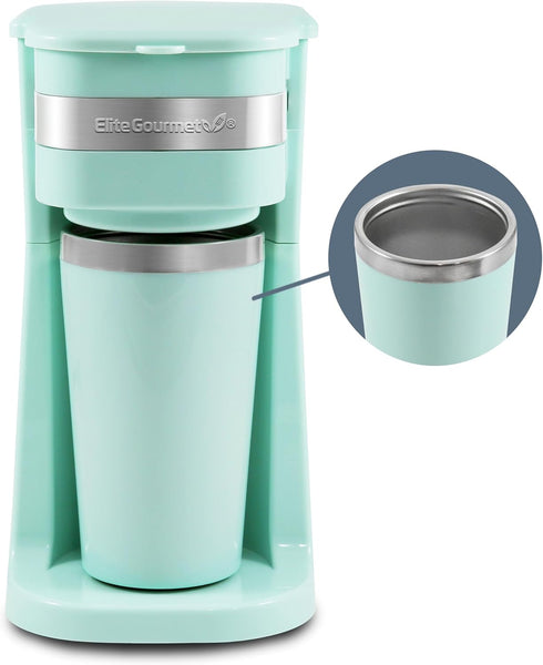 Elite Gourmet EHC113M Personal Single-Serve Coffee Maker, 14Oz Stainless Steel Thermal Travel Mug, Mint