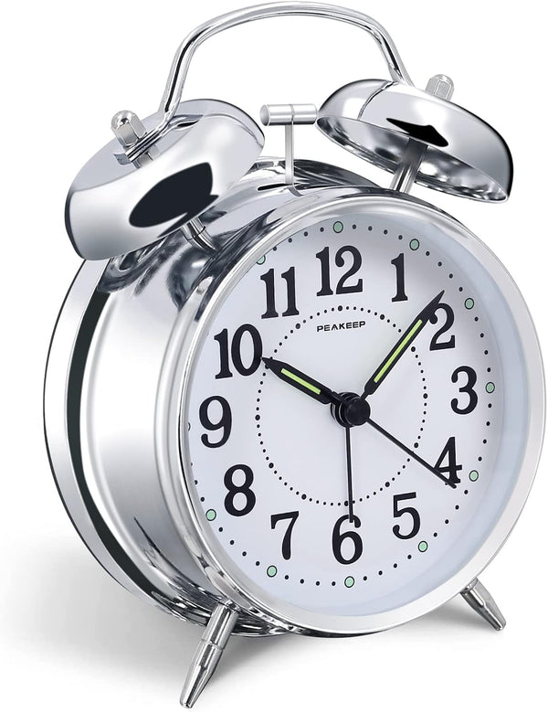 Peakeep 4 inches Twin Bell Loud Alarm Clock for Heavy Sleepers, Chrome Finish