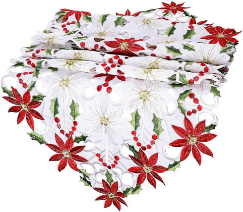 OurWarm Christmas Table Runners, Embroidered Poinsettia Holly Leaf Table Linens, 15 x 70 Inch