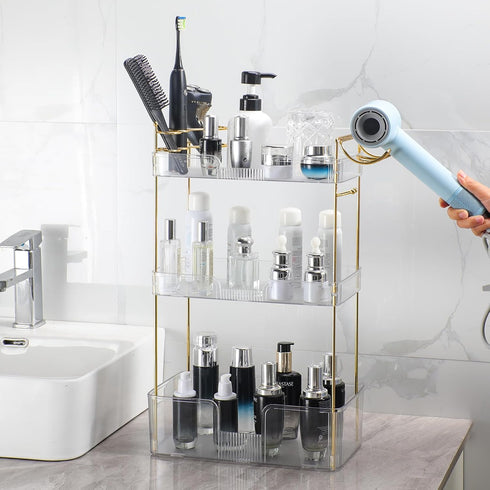 3 Countertop Akinbas Tier Bathroom Organizer Makeup Perfume Tray Skincare Organizer Comes with Hair Dryer Rack
