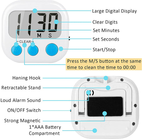 6 Pack Digital Kitchen Timers for Cooking, Magnetic Timer with Loud Alarm, White
