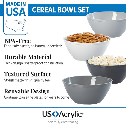 US Acrylic Unbreakable 28 oz. Plastic Stackable Cereal Bowls for Snacks & Ice Cream in Grey Colors (Set of 8) 6-inch Reusable, BPA-Free, Made in the USA, Dishwasher Safe Dinnerware by US Acrylic