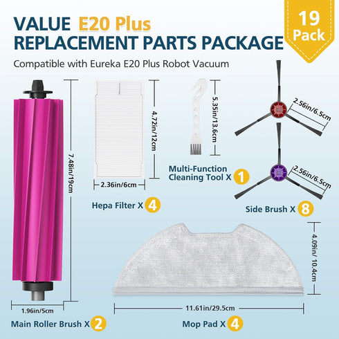 Lacvik 19 Packs E20 2 4 4 8 1 Replacement Parts Only for Eureka Plus Robot Vacuum Cleaner, Main Roller Brushes, HEPA