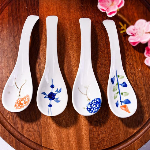 Japanese Ceramic Soup Spoons, 4 Pieces Porcelain Spoons for Ramen Noodle Oat