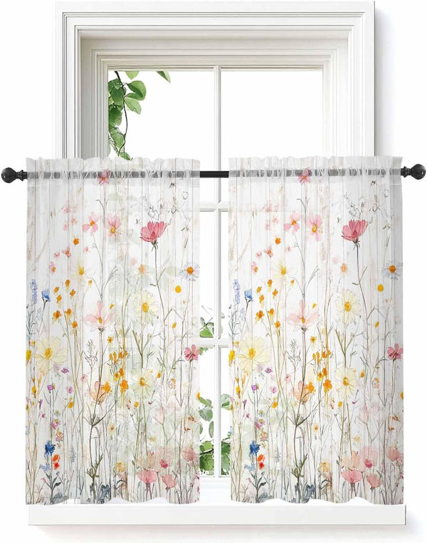 Yomandocix Spring FlowersSheer Kitchen Tier Curtains 45 Inch Length, Botanical Florals Cafe Window