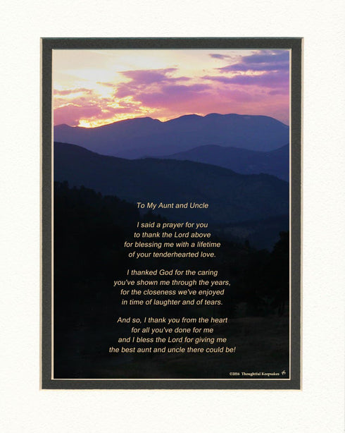Gift for Aunt and Uncle with "Thank You Prayer for Best Aunt and Uncle" Poem, Mt Sunset Photo, 8x10 Double Matted