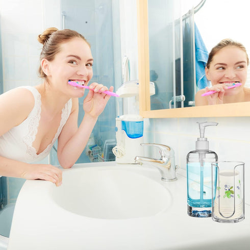 19.6 oz Countertop(1 Set) Patelai Mouthwash Dispenser with Cup Holder Clear Acrylic Refillable Mouth Wash Pump Bottle