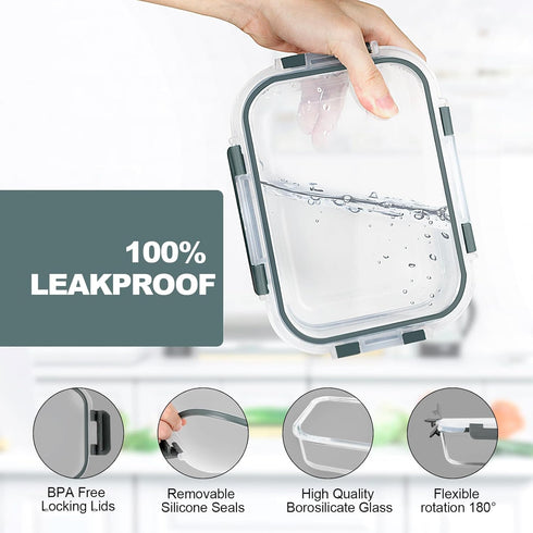 VERONES 10 Pack Glass Meal Prep Containers, Airtight Glass Lunch Containers, BPA-Free, for Microwave, Oven, Freezer &