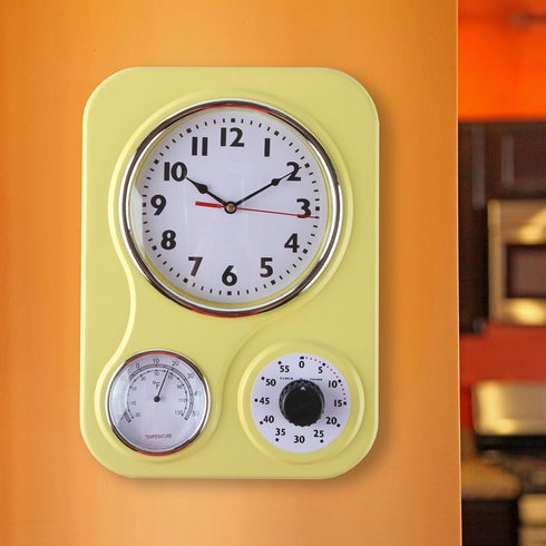 Lily's Home Retro Kitchen Wall Clock with Thermometer and 60-Minute Timer, Yellow (9.5 in x 13.3 in)