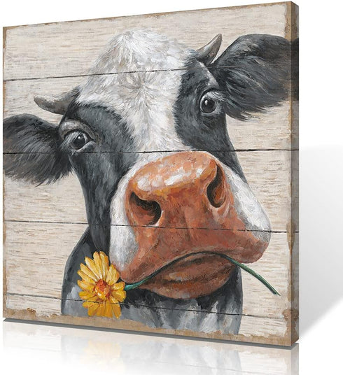 24"x24" Rustic Cow Pictures Wall Decor: Farmhouse Cow Canvas Wall Art Farm Animal Cow with Sunflower on Wood Panel