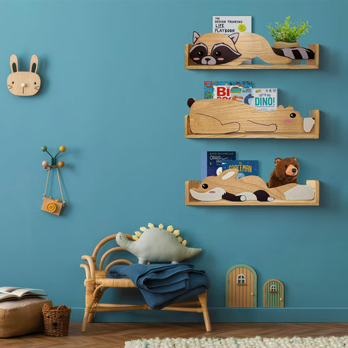 3 24inch Floating Shelves, Wall Shelf for Kids Rooms, Woodland Nursery Bookshelves, Bear Fox and Raccoon