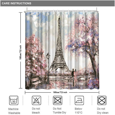 Paris Shower Curtain for Bathroom, Sakura Landscape Pink Romantic Waterproof Fabric 72x72 Inches with Hooks
