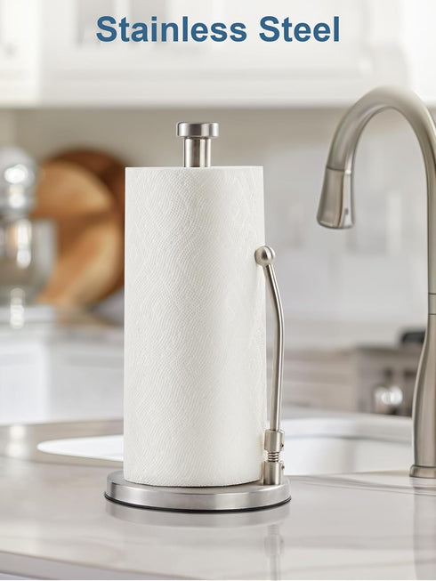 SMARTAKE Paper Towel Holder, Standing Weighted Base Non-Slip Dispenser with Spring Arm for Easy Tear
