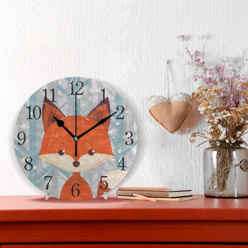 senya Wall Clock Brown Fox, Silent Non Ticking Operated Round Easy to Read Home Office Clock
