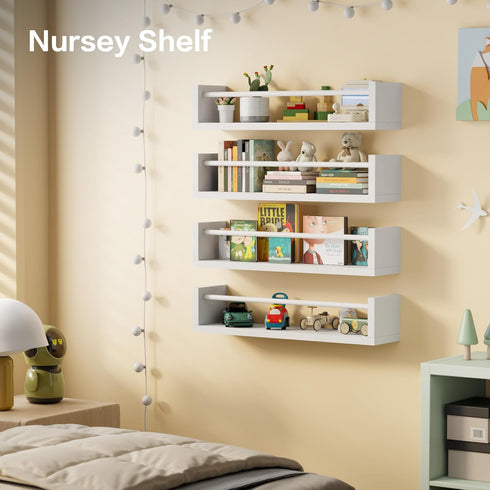 16.5" Set 4, Wall Book Shelves for Kids - Floating Nursery Book Shelves of White Wall Mounted Bookshelf for Kids Room