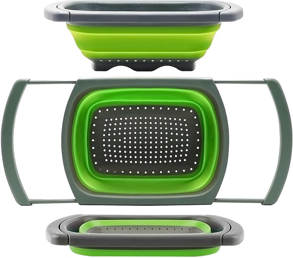 Qimh Collapsible Colander Strainer - Over The Sink Vegetable Fruit Strainer Basket (6 Quart) with Extendable Handles