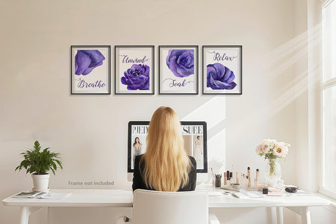 heshengzaixian Purple Flower Bathroom Wall Art Print, Mauve Rose Floral Relax Soak Unwind Quotes, Set of 4, 8X10in