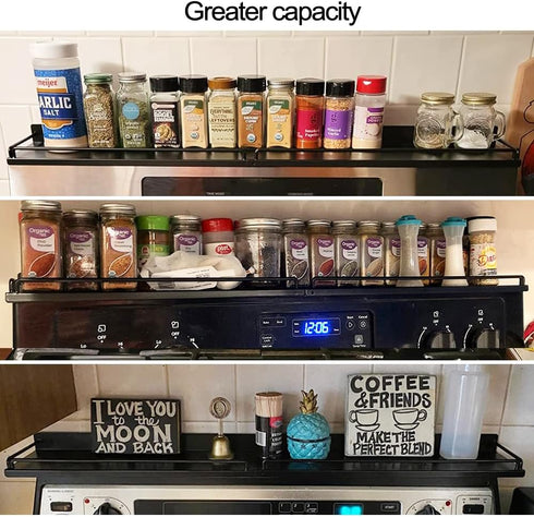 MouJeHom 30''Stove Top Shelf for Kitchen Stove, Stainless Steel Magnetic Spice Over the Stove Rack Flat Organizer Black