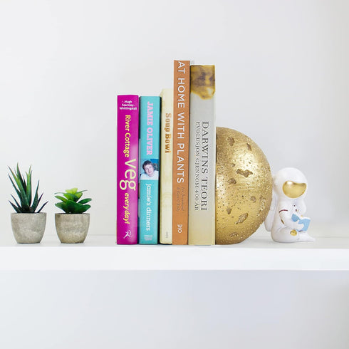 Heavy Duty Astronaut Bookends, Space-Themed Book Ends for Kids Room & Nursery Decor, Gold Moon Book Stoppers to Hold