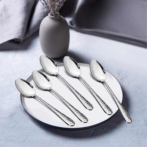 Hammered Teaspoons Set of 6, E-far Stainless Steel Modern Silverware, Flatware Dessert Spoons for Home, Kitchen,