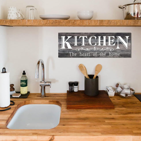 5.5 16.5 inch Kitchen Sign Wooden Plaque, The Heart of Home - Kitchen Signs for Above Cabinets, Grey Decor Accent Home